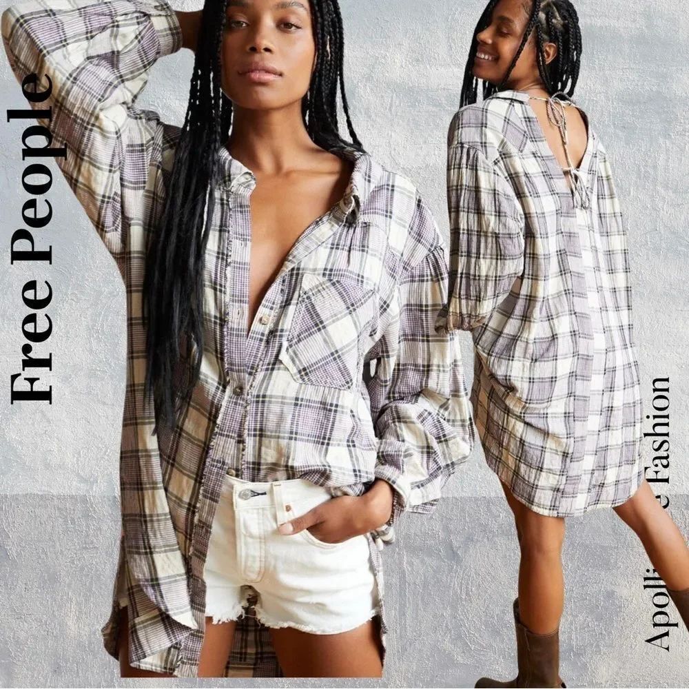 Free People Purple and Yellow Plaid Button-Down Tunic Large NWOT